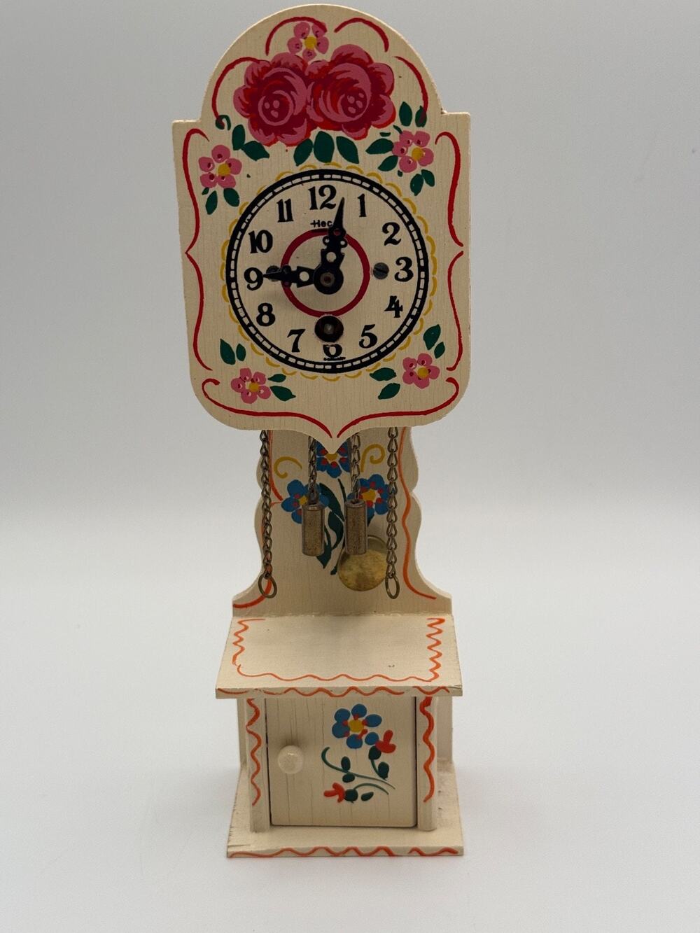 Vintage Heco German Wooden Miniature Grandfather Clock Hand Painted Wind Up